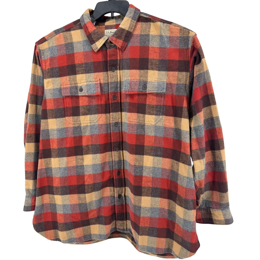 LL Bean Flannel Shirt XXL Orange Gray Yellow Traditional Fit Plaid Long Sleeve